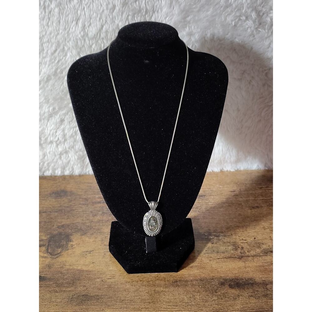 Silver Tone Oval Pendant Necklace with Multicolor Stone and Snake Chain